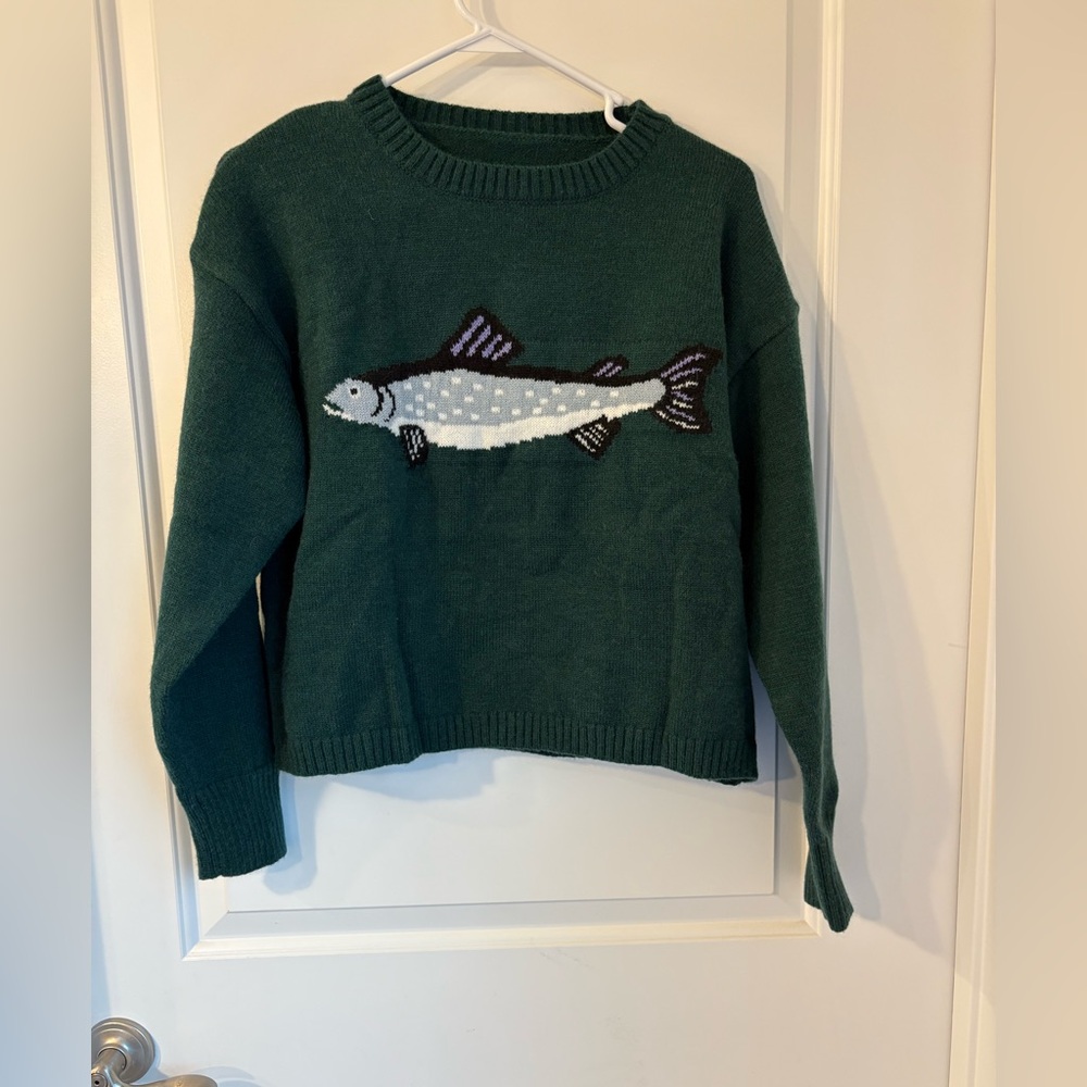 Green Fish Pattern Sweater- cropped